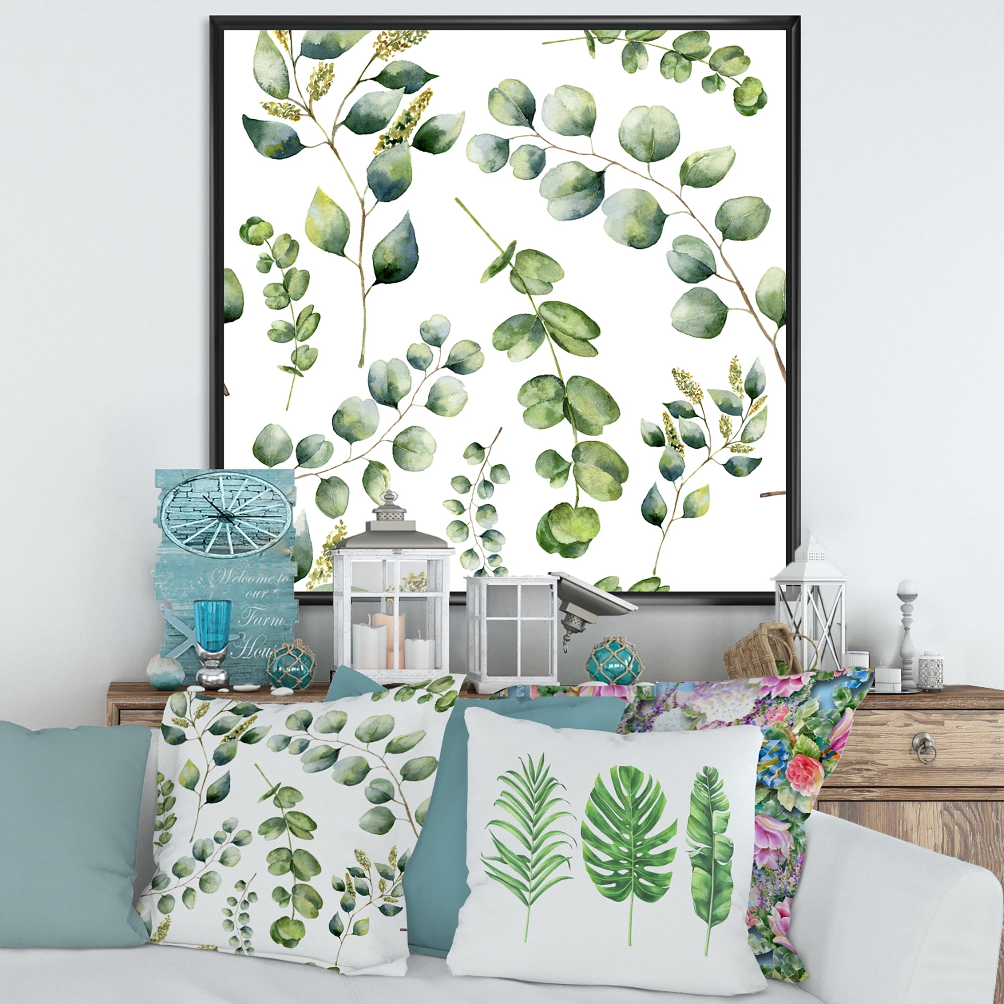 Designart 'Green Eucalyptus Plant Branches III' Traditional Framed Canvas Wall Art Print