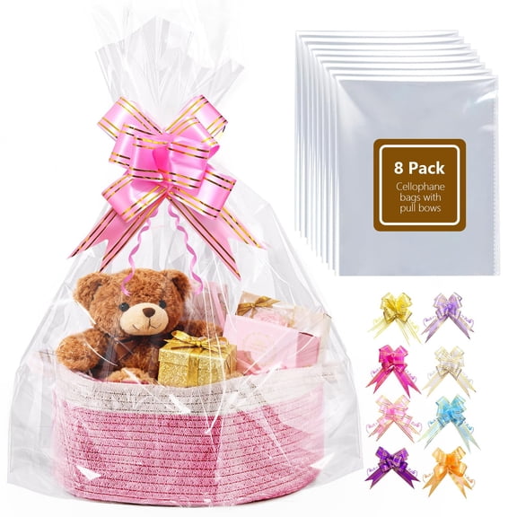 8 Pack Extra Large Cellophane Bags with Pull Bows,24x30 inches Clear Hampers Bags for Gift Baskets,Halloween, Easter, Christmas Fruit Basket and Gift Packaging