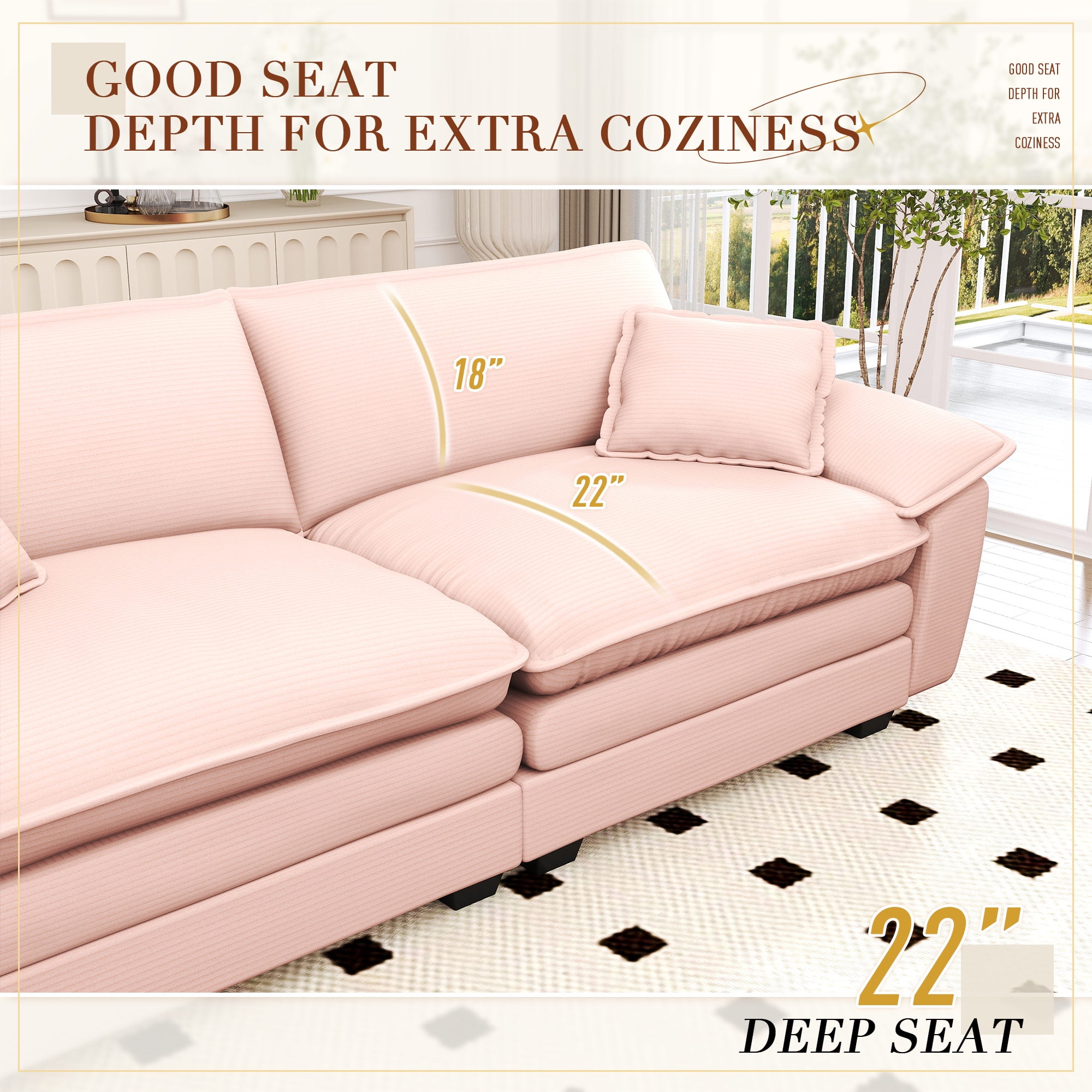 Lunale 80.5" Oversized 2 Seater Corduroy Sofa, Deep Seat Sleeper Cloud Couch for Living Room, Pink
