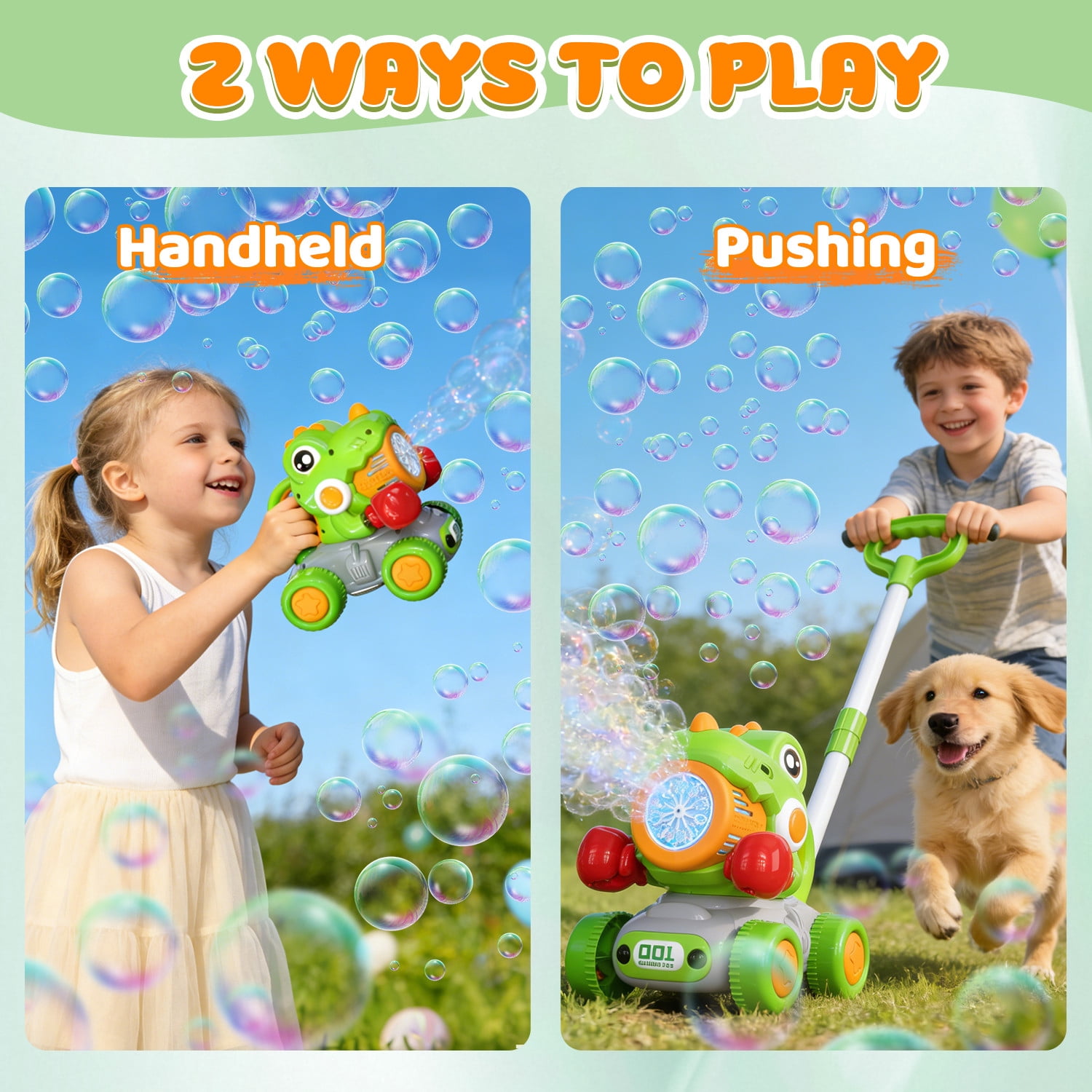 JoyStone Automatic Bubble Machine Toys for Toddlers, Push & Handheld Bubble Lawn Mower with Lights, Rechargeable Bubble Blower Toy for Kids Ages 3–6, Green