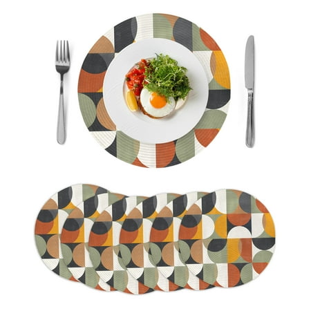 Mid-century Modern Round Table Placemats set of 6 Vintage Color Abstract Geometric Pattern Washable Woven Place Mats for Dining Tables Kitchen Party Decor Heat Proof 15in