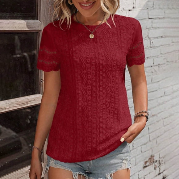 Ichuanyi Women's 2025 Casual Tops Short Sleeve Eyelet Embroidered Summer Trendy Shirts Crewneck Crochet Blouses