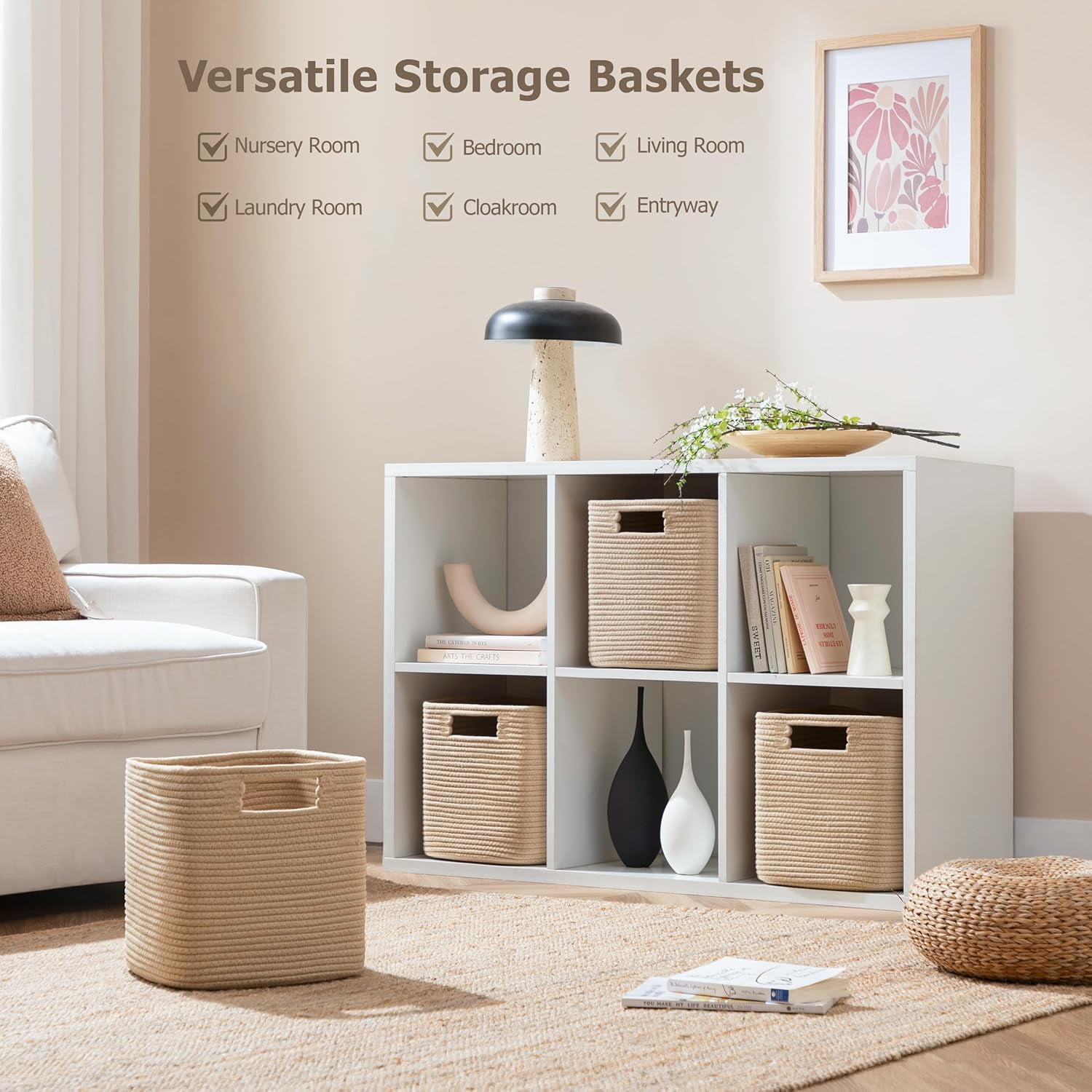 HBlife Set of 4 Storage Cubes-13 X 13 X 13 In, Cotton Rope Basket with Handles,Brown