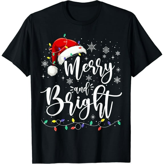 Premium model-Unisex-100% cotton-Merry And Bright Lights Red Santa Hat Xmas Family Men Women T-Shirt