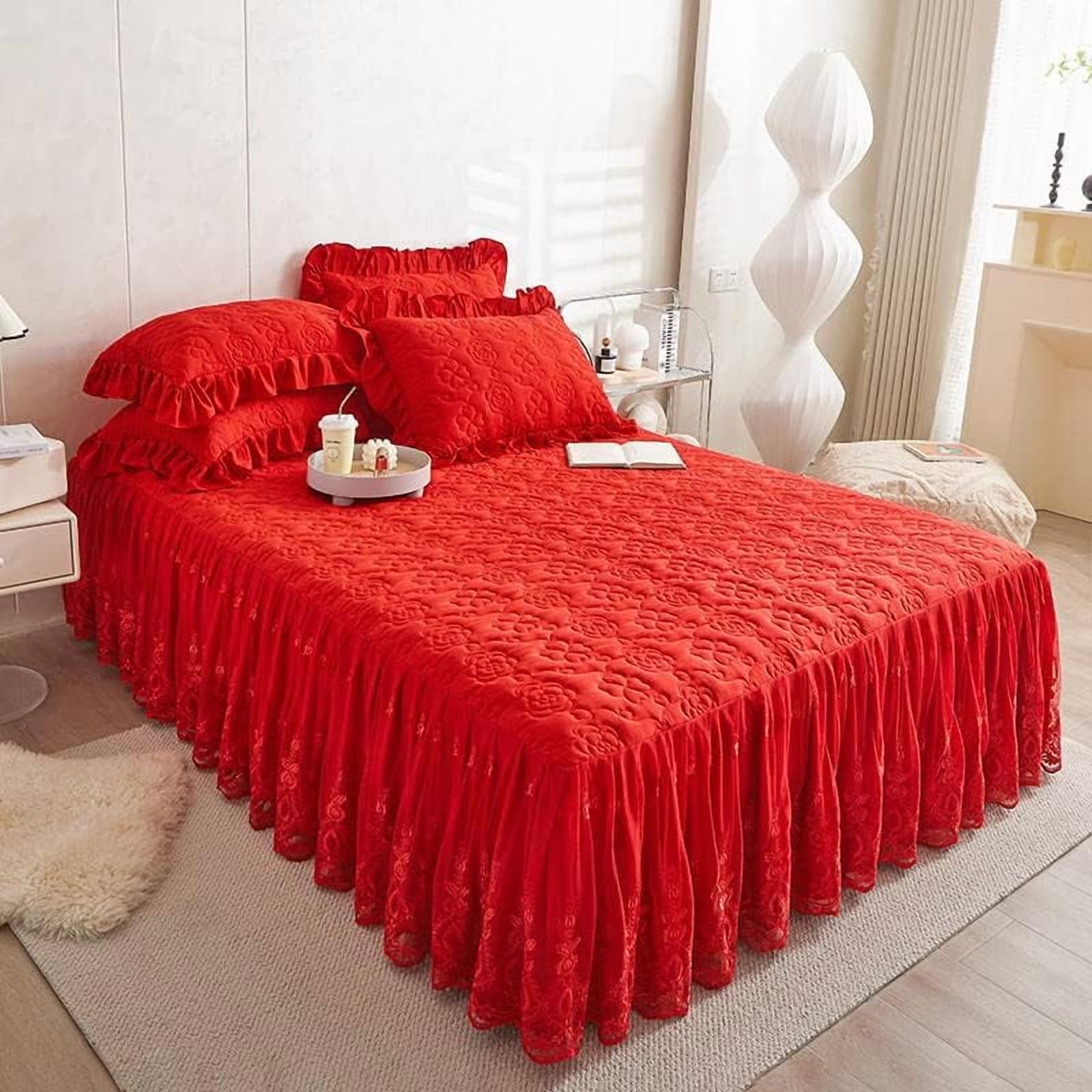 Flower Pattern Quilted Brocade Cotton Bedspread with Lace Ruffled Bed Skirt, Queen Size, Light Turquoise