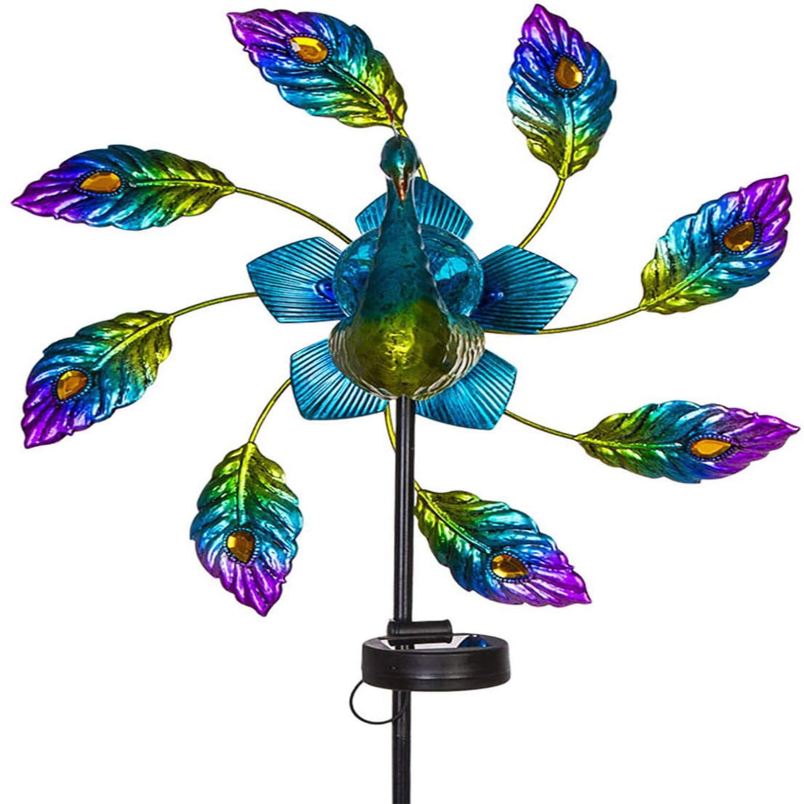 Solar Peacock Windmill Light Outdoor Garden Decor with Spinning Metal Tail & Crack Glass Ball, Auto-On LED Solar Lamp for Yard Patio Pathway, IP65 Waterproof, 117cm Height, Warm White Lighting