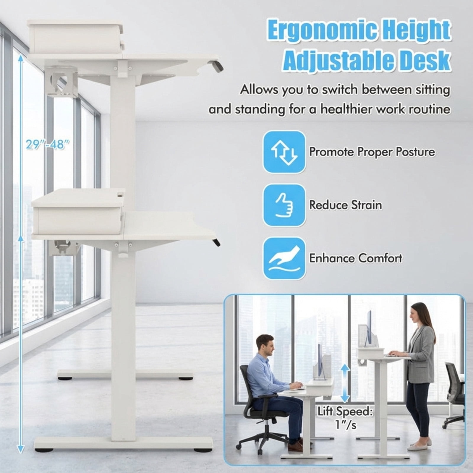 Furnibear 48 x 24 Inch Electric Height Adjustable Standing Desk with 2 Fabric Drawers Monitor Stand Memory Settings White