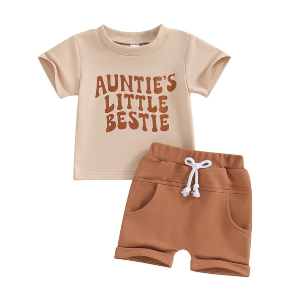 WIBACKER Toddler Baby Boy Summer Outfit Infant Girl Clothes Auntie's Little Bestie Short Sleeve T-Shirt Casual Rolled Shorts Set