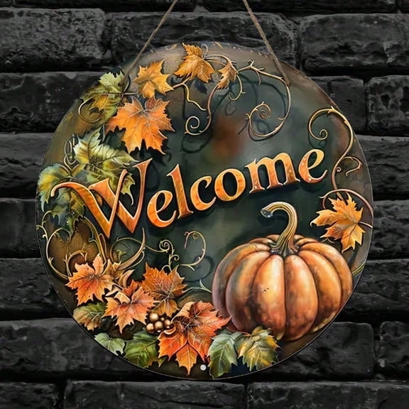 HELLOYOUNG Vintage Welcome Sign Wall Decor Rustic Farmhouse Wooden Door Hanging with Fall Pumpkin Leaves for Home Garden Indoor Outdoor