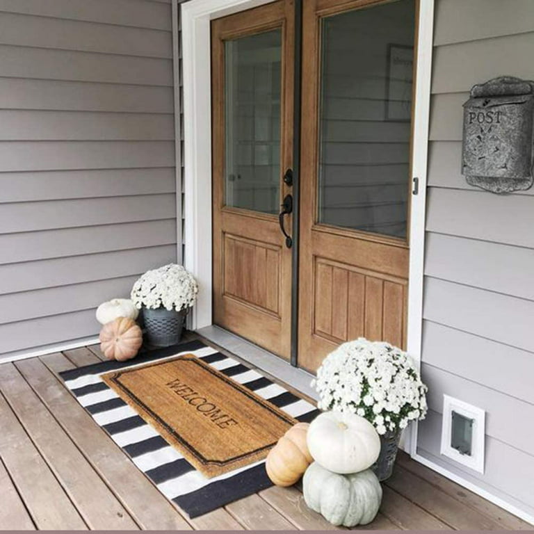 Striped Black White Rug Layered Front Door Under Doormat Outdoor