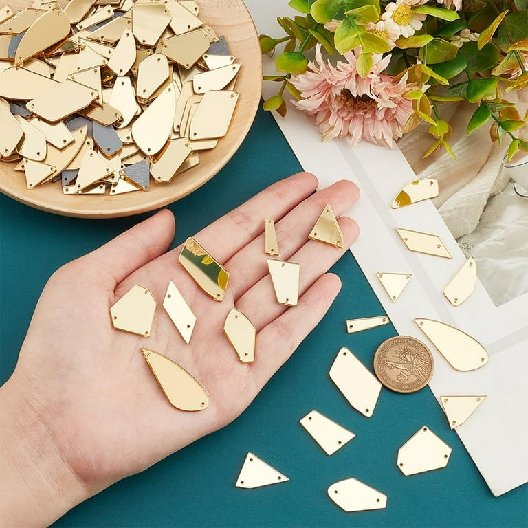180pcs Golden Sew On Mirror Beads Irregular Mirrored Rhinestones Stone Sew On Mirror Pieces with Holes for DIY Costume Dance Party Evening Wine Ball