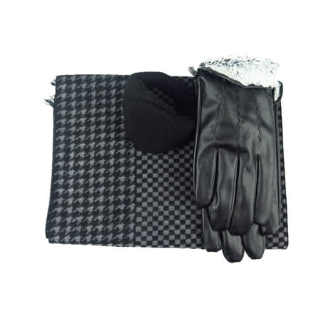 Mens Black Leather insulated Pu Gloves & Silk Blend Scarf with Adjustable windproof Ear Warmer
