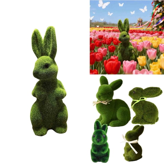 KOYPTL Green Flocked Easter Bunny Figurines 8.6In,Moss Rabbit Tabletop Ornament,Artificial Green Grass Rabbit Figurine for Women Spring Home Office Table Easter Decor Party Favor Gifts Supplies