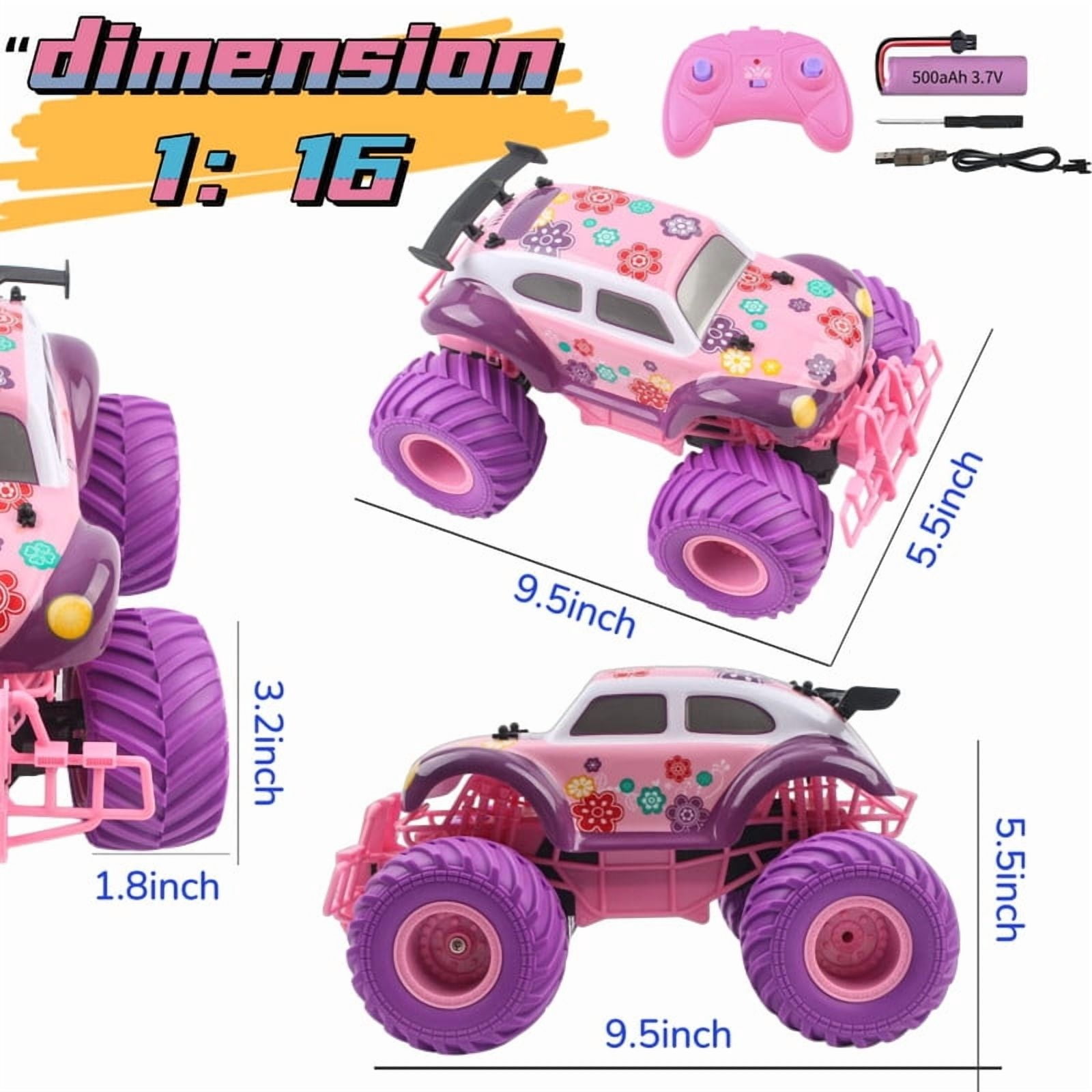 Funtogether Toys 1:16 Scale 2.4GHz RC All-Terrain Off-Road Monster & Beetle Bug Cars – Remote Control Toys for Girls Ages 6-12 (Pink & Purple) with Box