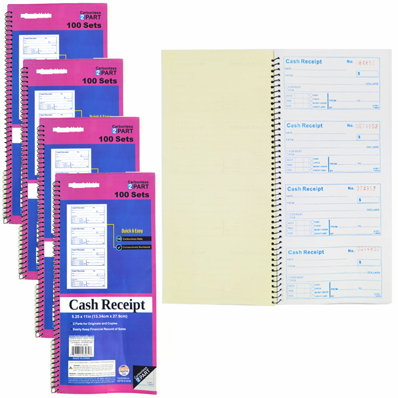 4 X Cash Receipt Book Invoice 2 Part 50 Sets Rent Record Carbonless 5.