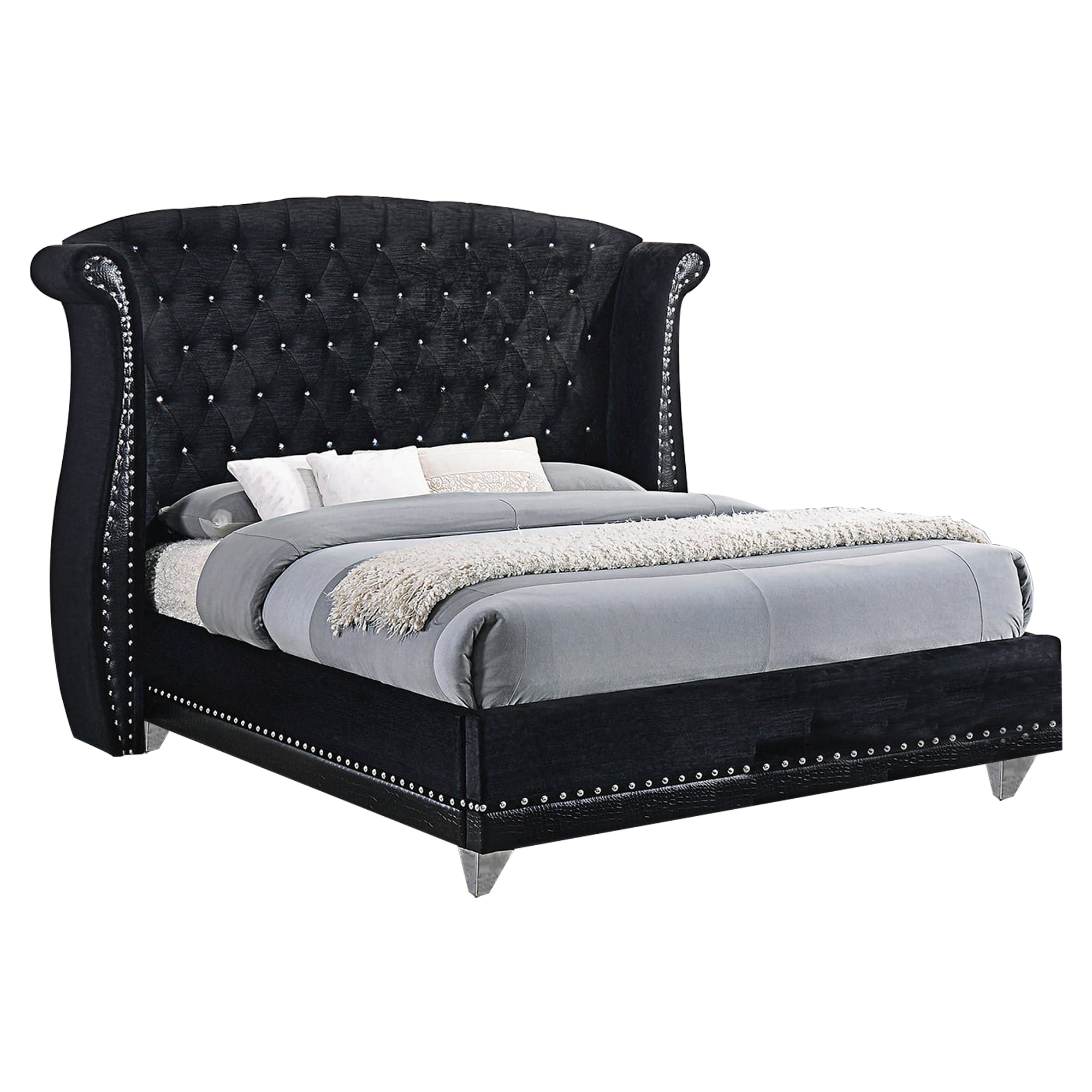 Velvet Upholstered Wooden Queen Size Bed with Shelter Style Headboard