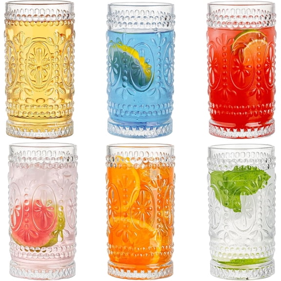 Vintage Drinking Glasses, 6 pcs Romantic Glass Cups, 15oz Highball Glasses, Mojito Cups, Cocktail Glass, Tall Water Glass Tumblers, Vintage Glassware Set for Water, Juice, Cocktail, Whiskey