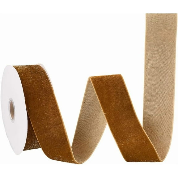 9.84 Yards 1.57 Inch Light Khaki Sparkle Velvet Ribbon Vintage Single Faced Fabric Trim Soft Crushed Wide Velvet Ribbons with Spool for Clothes Home Decor Gift Wrapping Bouquet DIY Craft