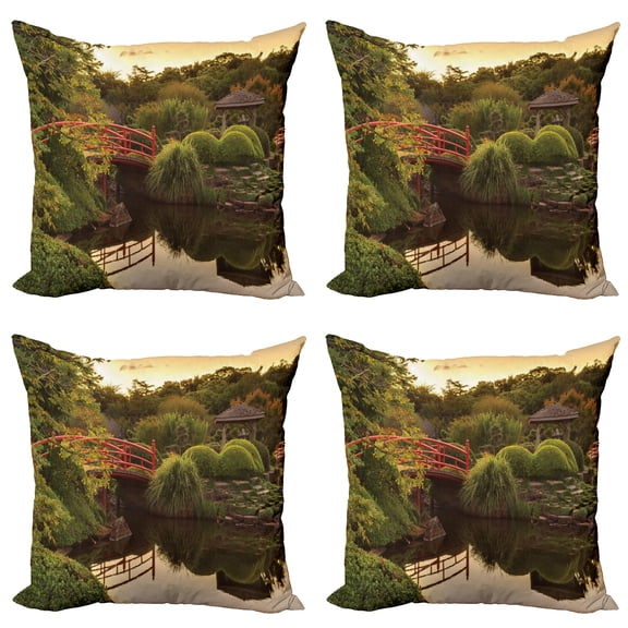 Ambesonne Japanese Throw Pillow Cover 4 Pack, Garden Asia Peace, 16", Green Yellow
