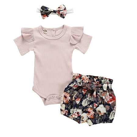 

QWERTYU Newborn Infant Baby Toddler Short Sleeve Summer Outfits Ruffle Bodysuit and Floral Shorts Set Clothing Set with Headband for Girl 0-2Y