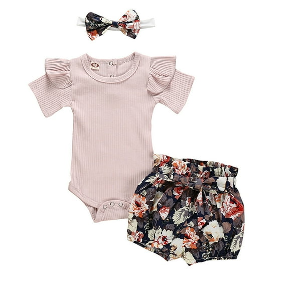 Povozer Infant Baby Girl Summer Outfit Clothes Newborn Romper Ruffle Letter Short Sleeve T-Shirt Shorts Headband 3Pcs Set Cowgirl Outfit 0 3 6 9 12 18 24 Months for 0-6 Months,Pink