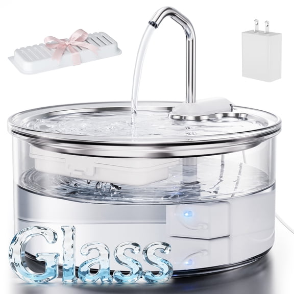 FURCLAN Cat Water Fountain, Glass, 108oz/3.2L, Corded, Quiet Pump, with Filter, for Cats and Dogs