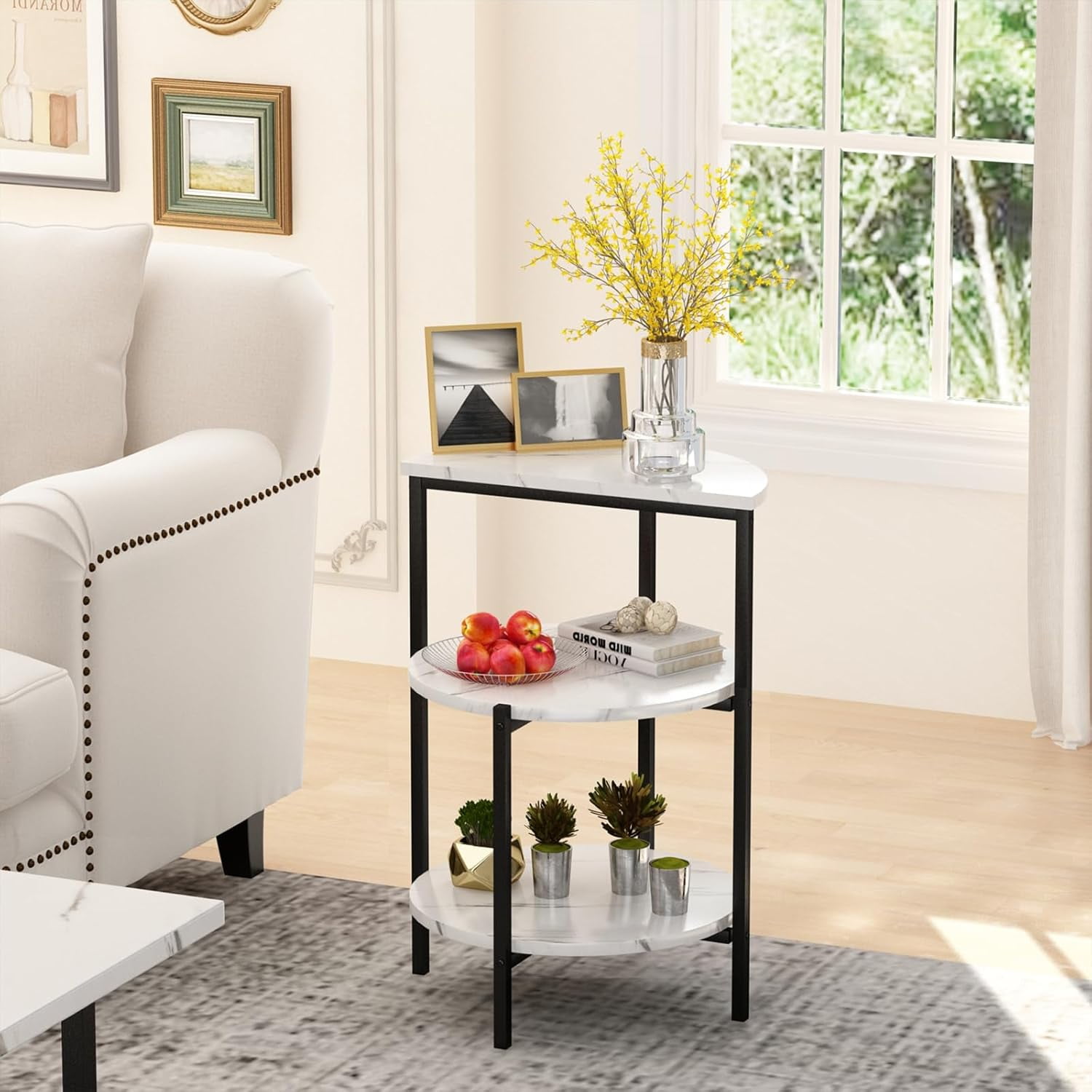 Cvortll Coffee Table Set of 3, Rectangle Faux Marble Tabletop & 2 Tiered Side Tables, Multi-Level Storage for Living Room（White & Black）