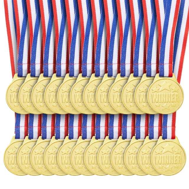 Medallas de premio Juvale Gold Winner, paquete de 24 con cintas de 15,3 cm