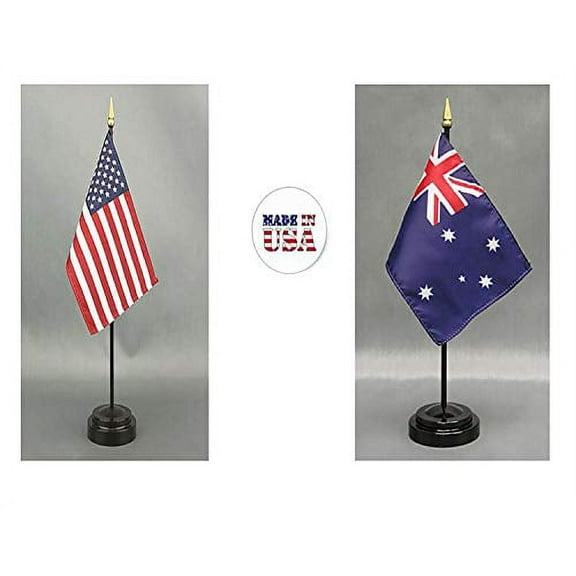 Made in The USA. 1 American and 1 Australian Rayon 4"x6" Office Desk & Little Hand Waving Table Flag, Includes 2 Flag Stands & 2 Small 4x6 Mini Stick Flags
