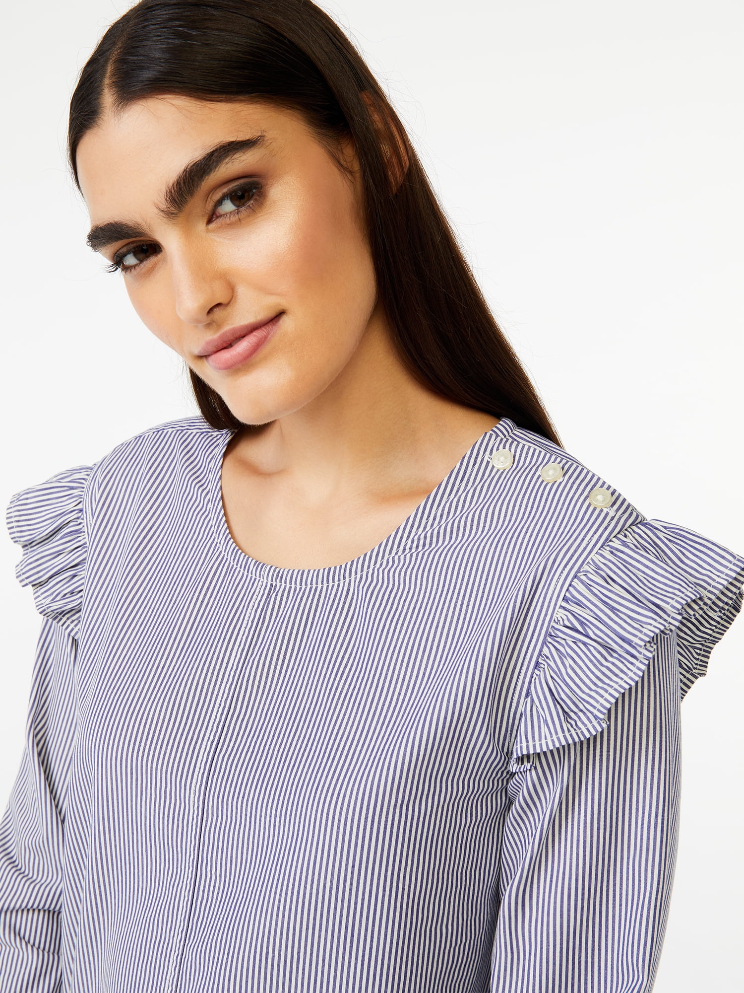Free Assembly Women's Button Shoulder Blouse with Long Sleeves