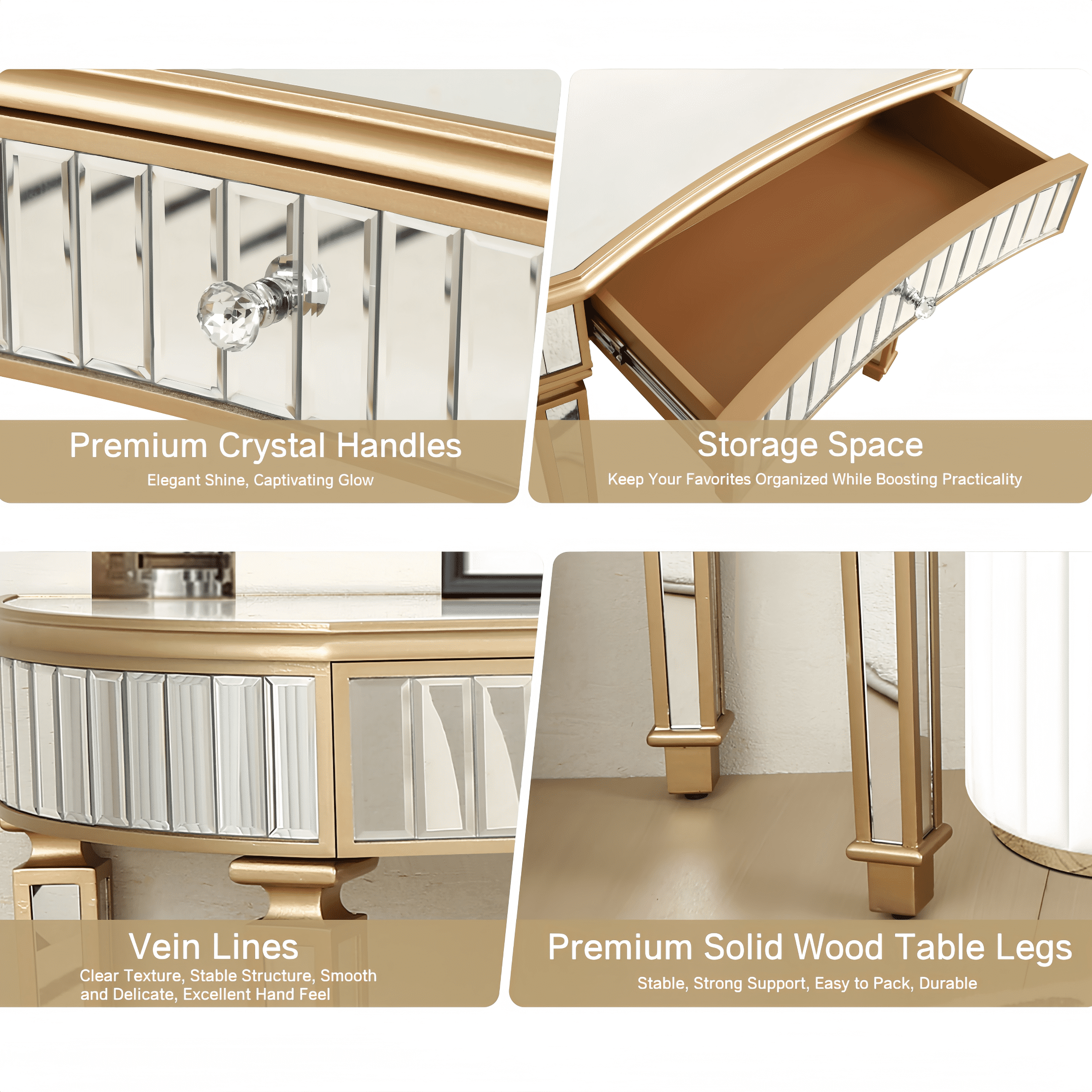 Atumcto 47" Fluted Mirrored Console Table with Drawer, Gold Finish Narrow Accent Sofa Table for Entryway, Living Room