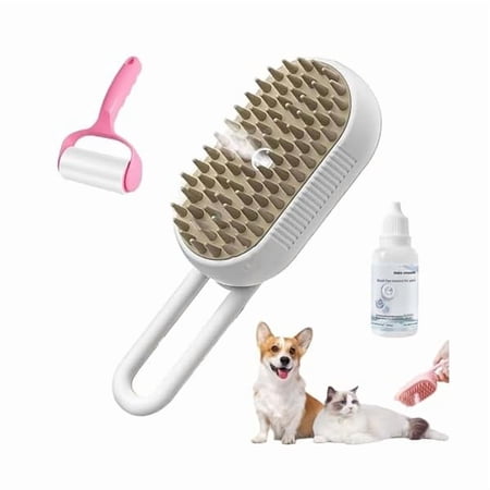 Saluqifa Hair Cleaning Spa Day for Dogs, Puffease Spritz Defur Comb for Cats, Multifunctional Dog Stem Brush, 3 in 1 Cat Self-Cleaning Steamy Spa for Dogs, Pet Grooming Stream Comb with Spray (White)