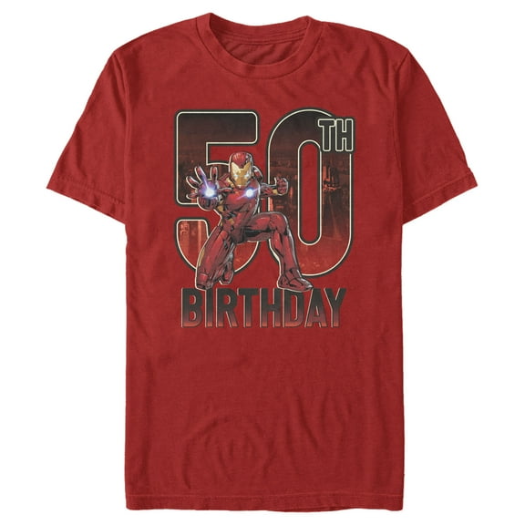 Men's Marvel Iron Man 50th Birthday Action Pose Graphic Tee Red Medium