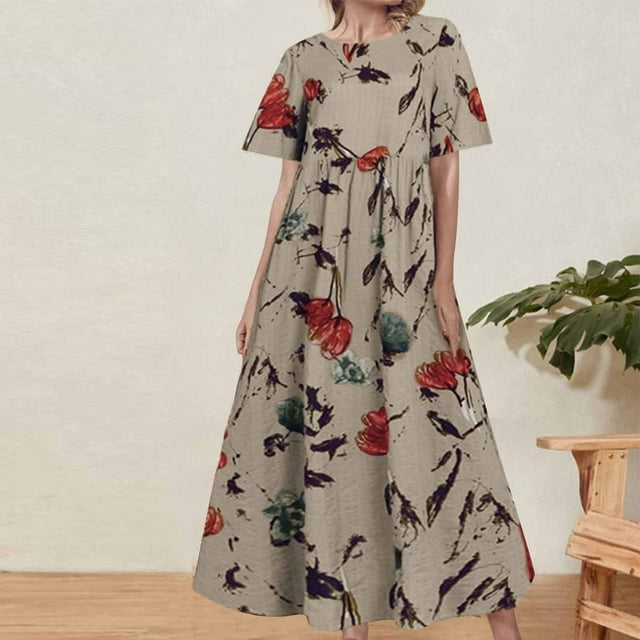 Jusqu'à 65% de Réduction! Robes de Mode d'Été pour Femmes 2024 Grande Taille Printemps/ Manches Courtes Décontractées Dress Imprimé Col Rond Ample Dress