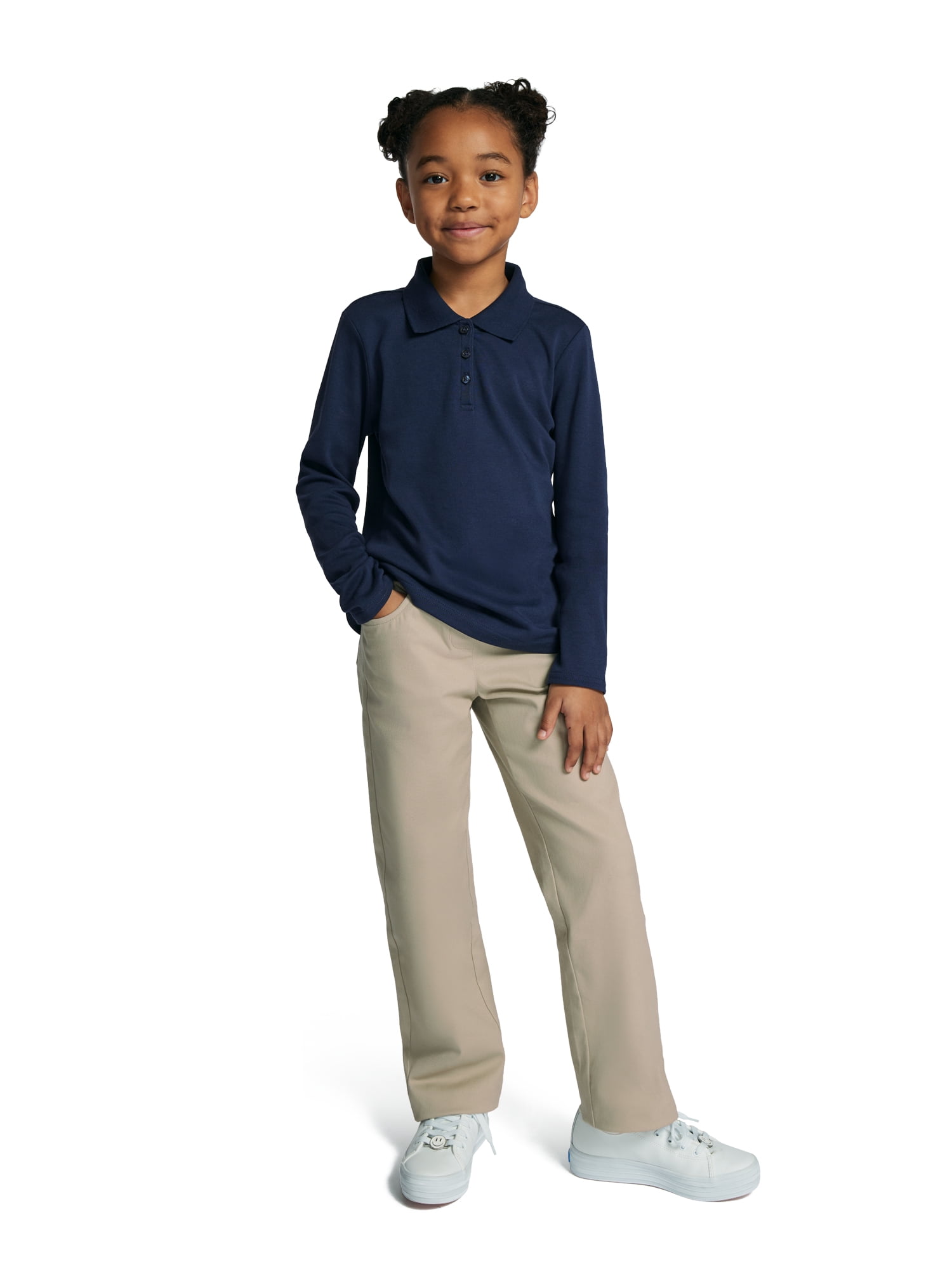 Wonder Nation Girls School Uniform Long Sleeve Interlock Polo Shirt, 2- Pack, Sizes 4-18 & 10-16 Plus