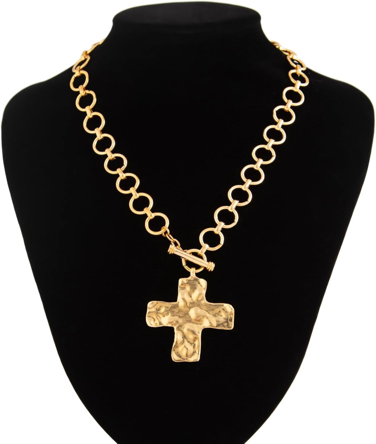 Chunky Cross Necklace for Women Gold Chunky Cross Pendant Necklace Layered Heart Toggle Necklace Hammered Cross Statement Necklace Thick Chain Necklace Jewelry