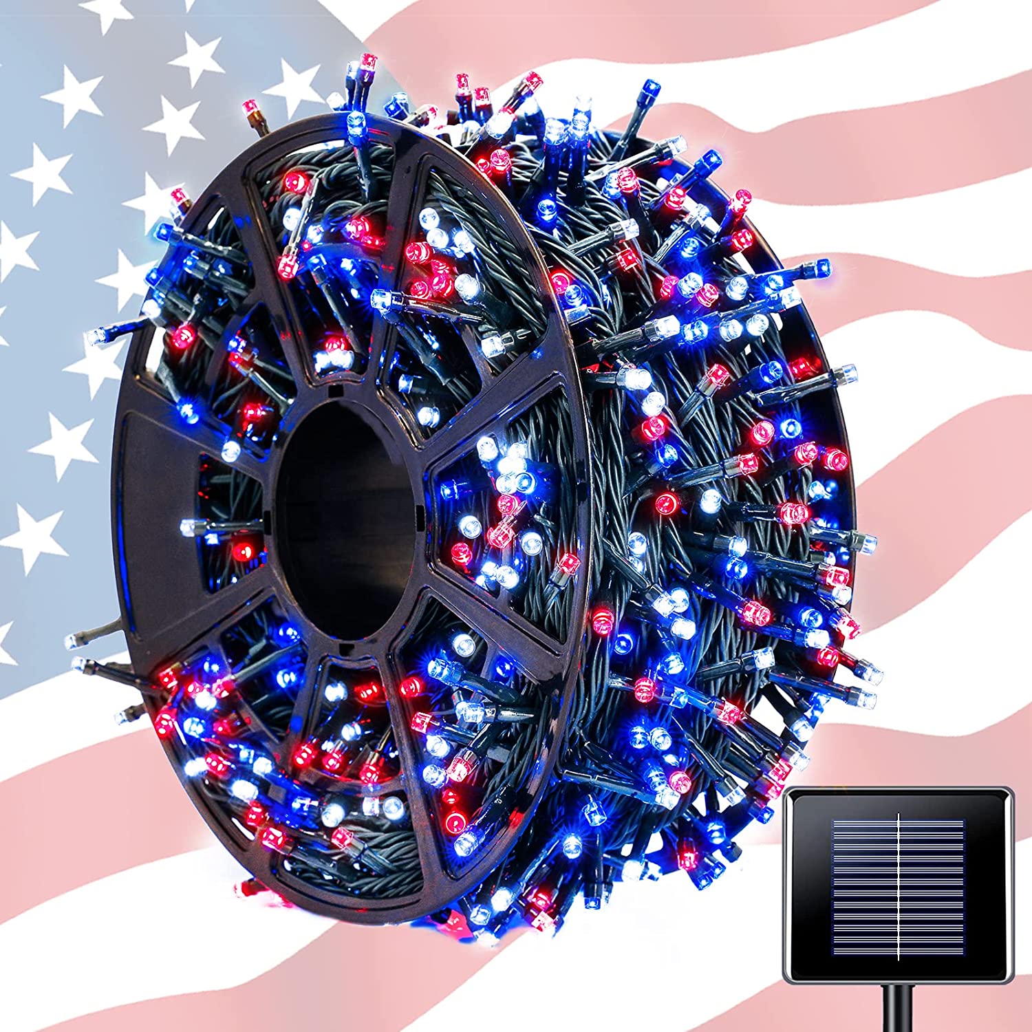 4th of July Decorations Solar Lights, 600 LED 8 Modes Red White and Blue Lights Outdoor 
