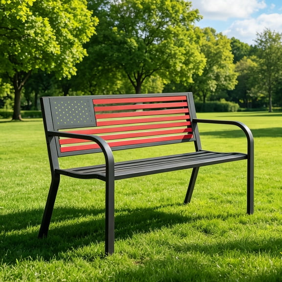 HaiNova Metal Outdoor Bench, 47in Patio Garden Benches with National Flag Pattern Backrest for Backyard, Deck, Porch,Supports up to 500 lbs, Red