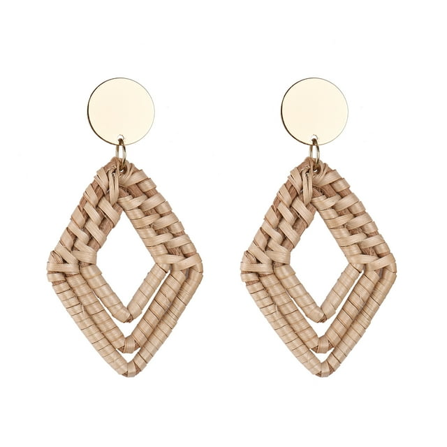 Handcrafted Bamboo & Rattan Drop Earrings - Artisanal Weave Design for Vacation, Available in Triangular, Diamond, Round, Water Drop & Ring Shapes - Lightweight 8g Bohemian Style Accessories with
