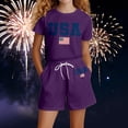 thumbnail image 2 of Toddler Girl Outfits Kids Stars and Stripes Print USA 250th Anniversary Crew Neck Short Sleeve Top and Above Knee Shorts Two Piece Set Purple 2 Years-3 Years, 2 of 4