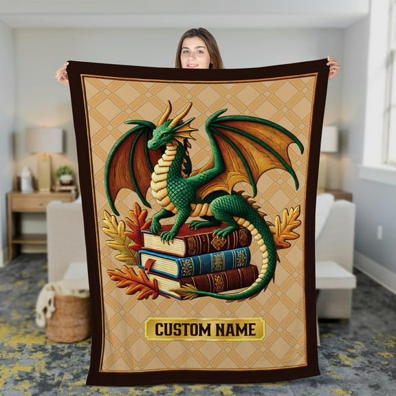 Lotusprinthandmade Personalized Dragon And Book Fleece Blanket 2 Sizes (Made in US) (80"x60"), Mystical Dragon Reading-Themed Cozy Blanket