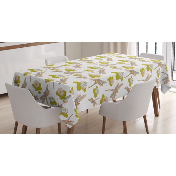 Ambesonne Dragonfly Tablecloth Rectangular Table Cover, Lotus Flower, 60"x84", Apple Green and Cream