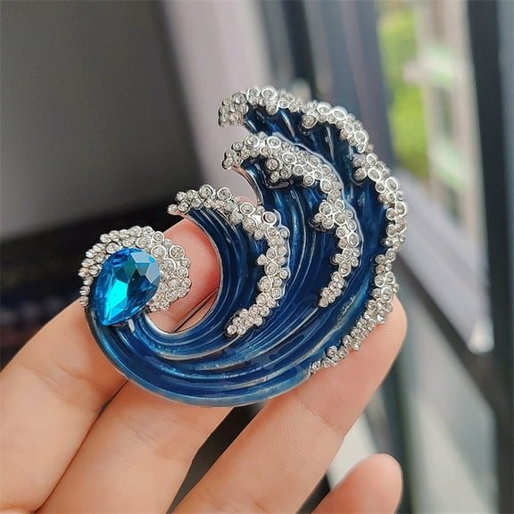 Wave Enamel Pins Alloy Rhinestone Lapel Pins for Backpack Clothes Blue 44.5x40mm