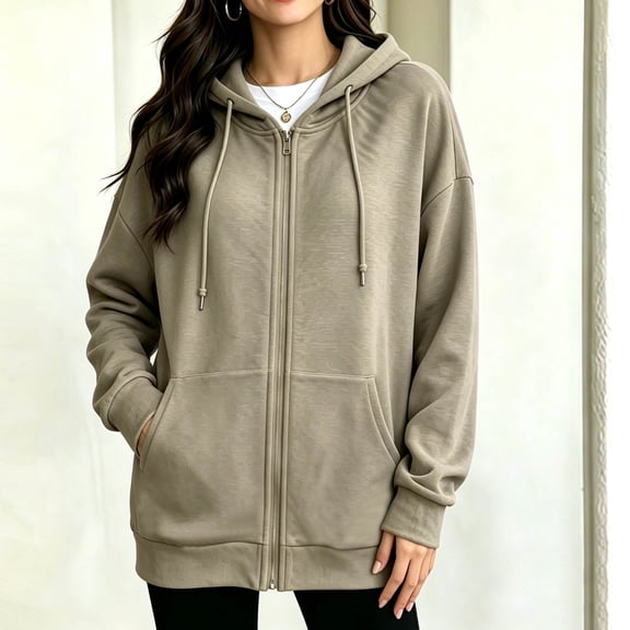 Sheghy Zip Hoodie for Women Long Sleeve Hooded Sweatshirt Casual Khaki S
