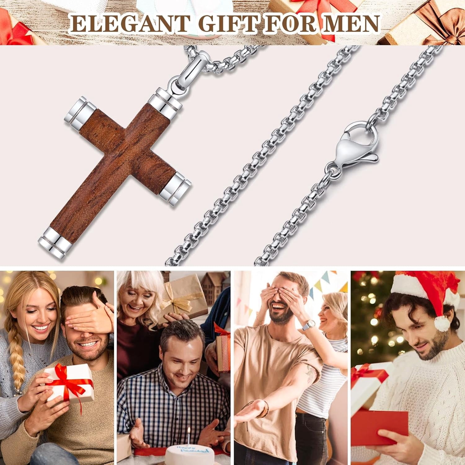 Wollet Wooden Cross Necklace Pendant for Men- Stainless Steel Chain, Mens Wood Jewelry Christian Baptism Crucifix Pendant