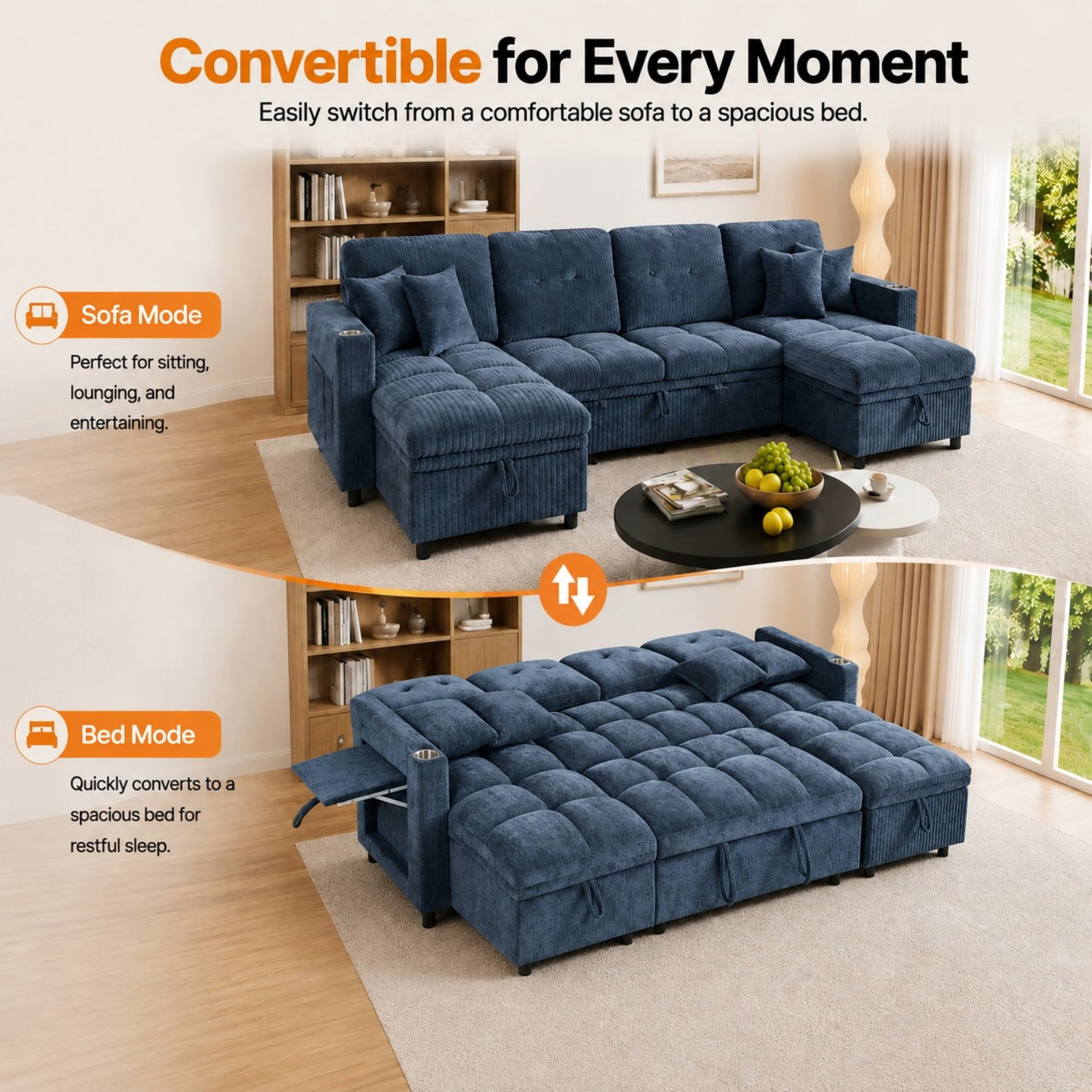 DEALTOPS 108" Chenille U-Shaped Sectional Pull Out Sleeper Sofa Bed with Storage Chaise, USB & Tray Table, Blue