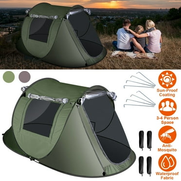 TeqHome 3-4 Person Pop Up Tents for Camping Waterproof Instant Tent with 4 Mosquito Net Windows Easy Set Up Lightweight Tent for Weekend Camping Climbing Hiking Beach Green