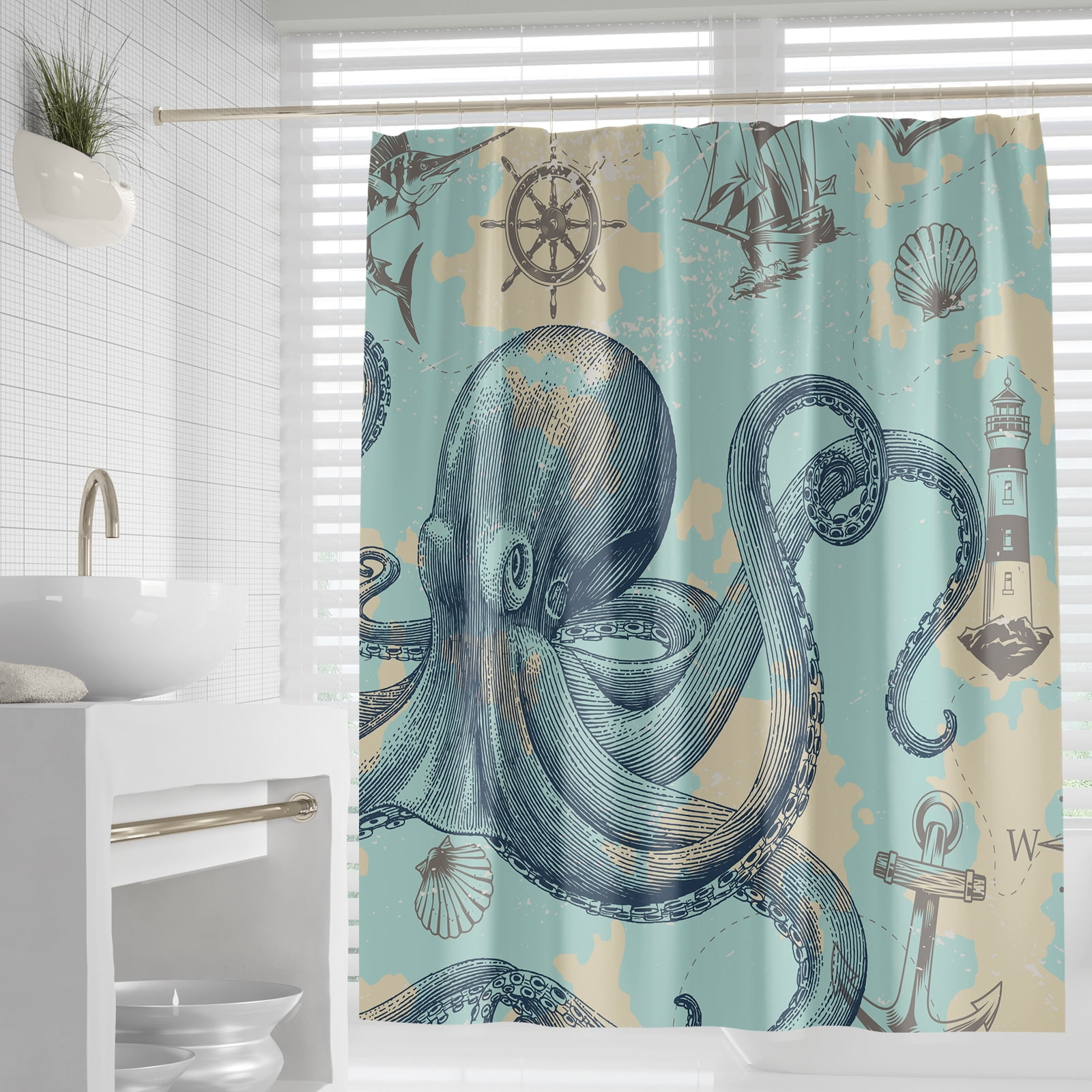 Bathroom Shower Curtain Fashion Octopus Shower Curtains 70" L × 69" W Colorful 