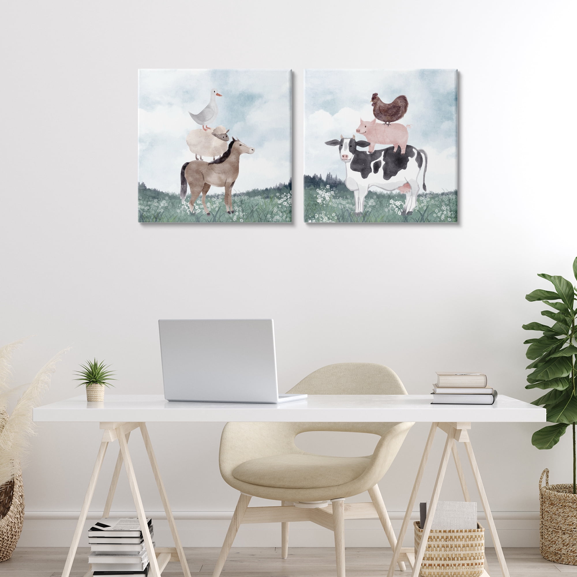 Stupell Industries Stacked Animals Blue Sky Farm 2 Piece Canvas Wall Art Set, design by Kim Allen