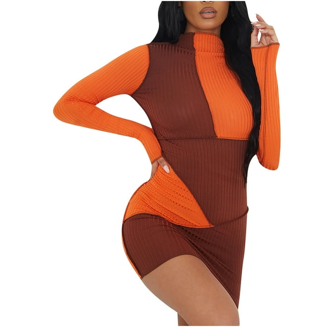 Pompotops Femmes Robe de Mode Manches Longues Col Haut Couleur Bloquant Robe Skinny